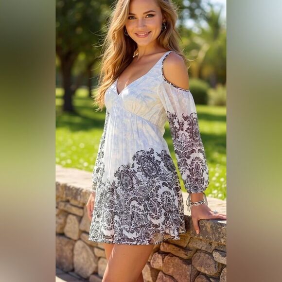 Free People Oversized Ivory Combo Penny Lover Mini Dress Size XS - Picture 1 of 8